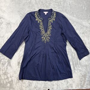 Lilly Pulitzer Women’s Navy Tunic Blouse Large V-Neck Gold Embroidered Cotton
